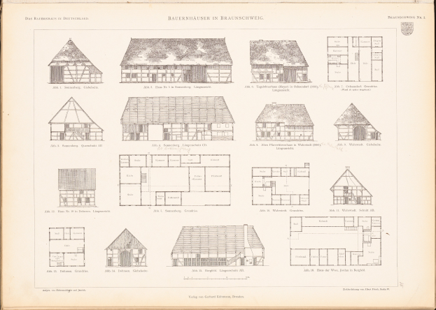 Ein offenes altes Buch mit Architekturhausplänen und Zeichnungen auf einer Seite, begleitet von beschreibendem Text.