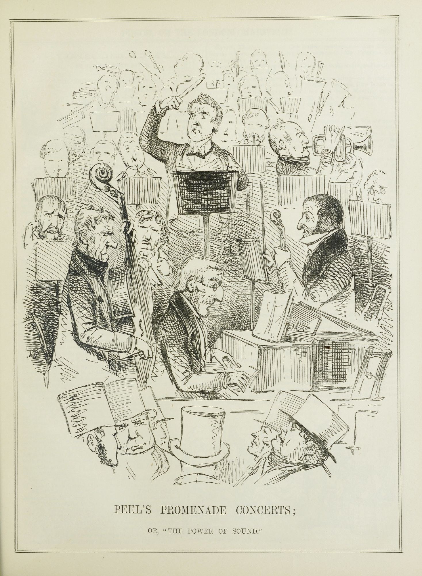 Ein Blatt mit einer Zeichnung einer Gruppe von Musikern, die Instrumente spielen, mit der Aufschrift "Peel's Promenade Concerts oder, die Kraft des Klangs" unten.