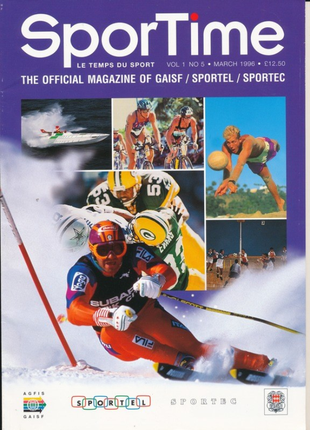 Titelbild des *Sporttime Magazine* März 1996 mit Wintersportereignissen (Skifahren und Snowboarden) auf dem Cover.