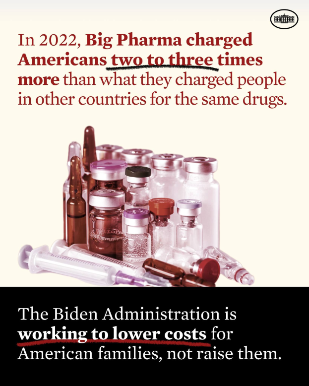 Ein Plakat, das zeigt, dass Big Pharma 2022 Amerikaner zwei bis drei Mal mehr für dieselben Medikamente berechnet hat als andere Länder, mit Bildern von Medikamentenflaschen und einer Spritze darunter.