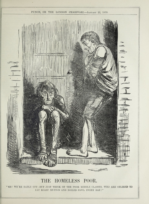 Eine Zeitung mit einer Zeichnung von zwei Personen, einer sitzenden und einer stehenden, mit der Aufschrift "Die Obdachlosen"