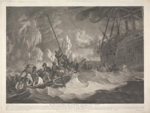 Schwarz-weißer Stich von einem Boot auf dem Meer mit Menschen, umgeben von Eisbergen und einem bewölkten Himmel, betitelt "Teil des Feuers des Majorschiffs Guardian, 1839".