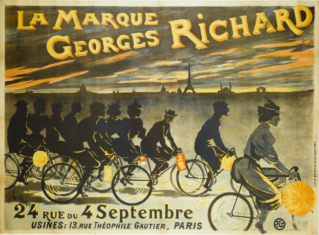 Plakat für ein Fahrradrennen in Paris, Frankreich, mit einer Gruppe von Radfahrern und dem Eiffelturm im Hintergrund, einschließlich Text auf dem Plakat.