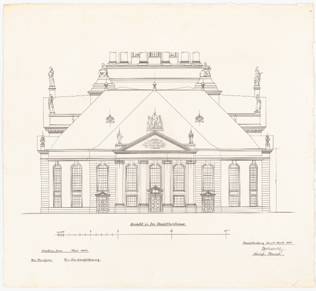 Eine detaillierte Zeichnung der Schlosshof-Fassade in Dresden, Deutschland, mit zahlreichen Fenstern und Statuen auf einem Blatt Papier mit Text.