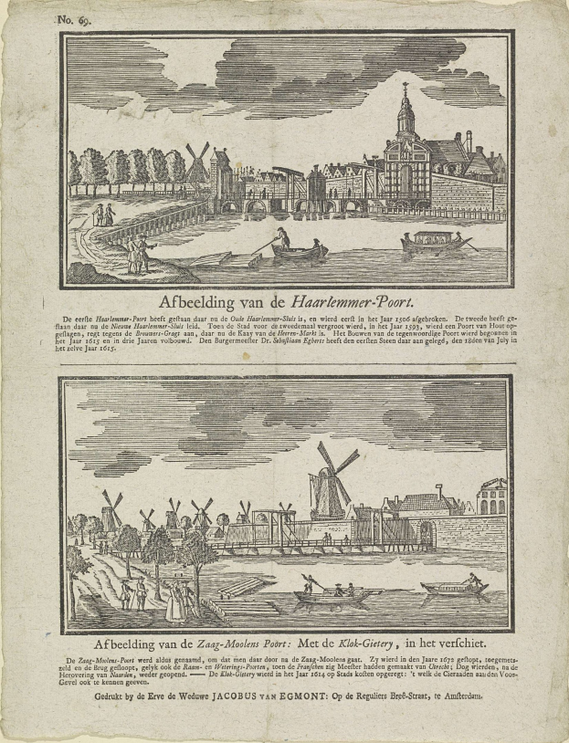 Ein verwittertes Buchblatt mit einer detaillierten Stadtansicht, die Gebäude, Bäume, Menschen, Boote und Windmühlen zeigt, begleitet von kleinem gedrucktem Text.