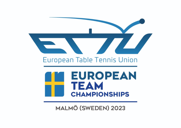 Das Logo der Europäischen Tischtennis-Union (ETTU) mit dem Text "Europäische Mannschaftsmeisterschaften" darunter, das einen blauen Kreis mit einem weißen Tischtennisschläger in der Mitte und einen weißen und blauen Rand zeigt.