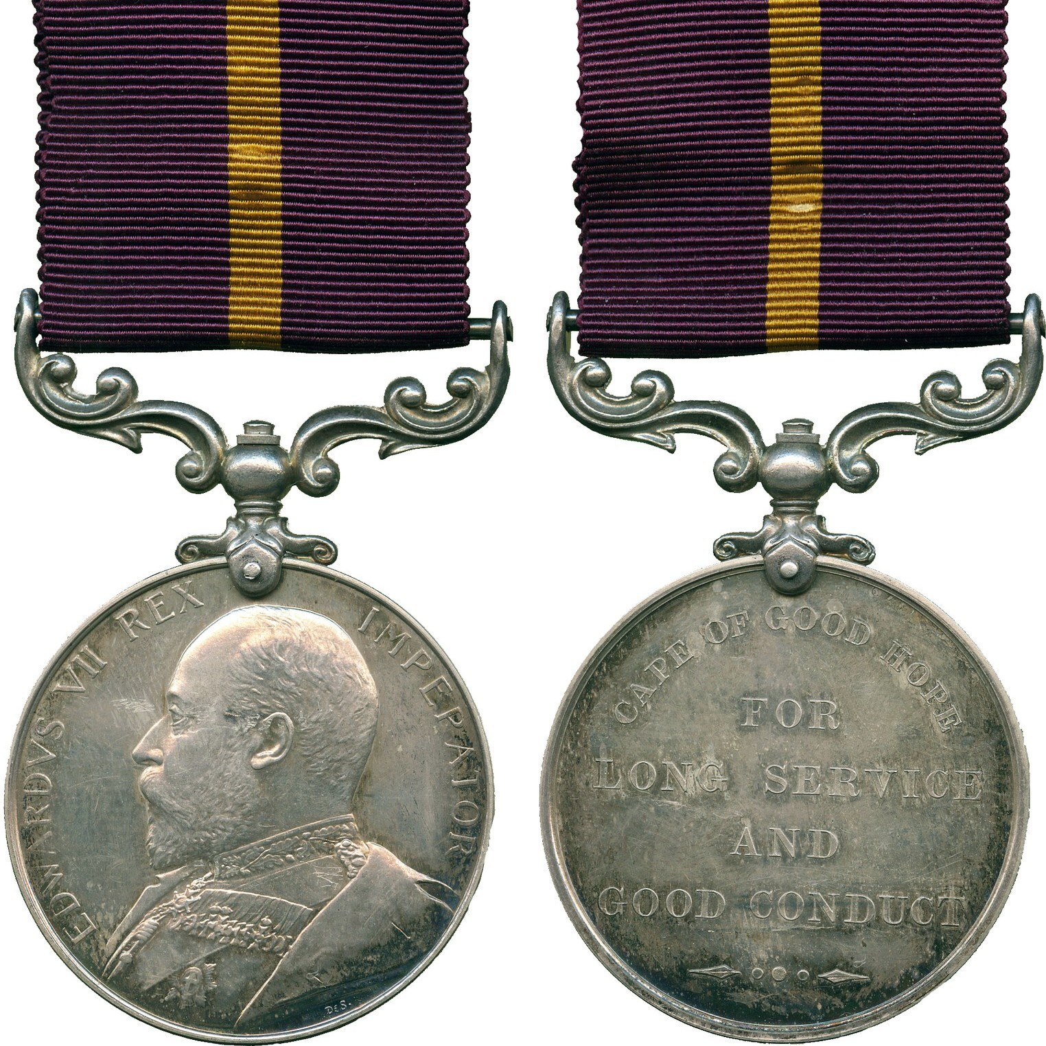 Silberne Medaille mit lila und gelbem Band, das ein Profilbild links und den Text "Langjähriger treuer Dienst" rechts zeigt.