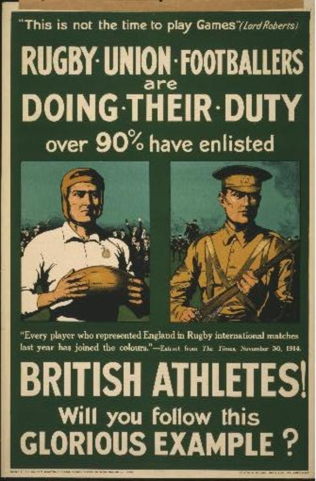 Ein Vintage-Plakat mit zwei Rugby-Union-Fußballern, das ihre Einberufung in den Dienst ankündigt und darauf hinweist, dass über 90% der britischen Athleten eingezogen sind.