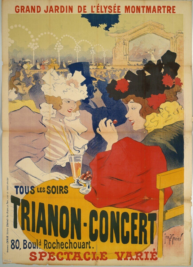 Plakat für ein Trianon-Konzert im Grand Jardin de L'Elysée Montmartre, das eine Gruppe von Menschen zeigt, die um einen Tisch mit Gläsern und Gegenständen sitzen oder stehen, begleitet von Text.
