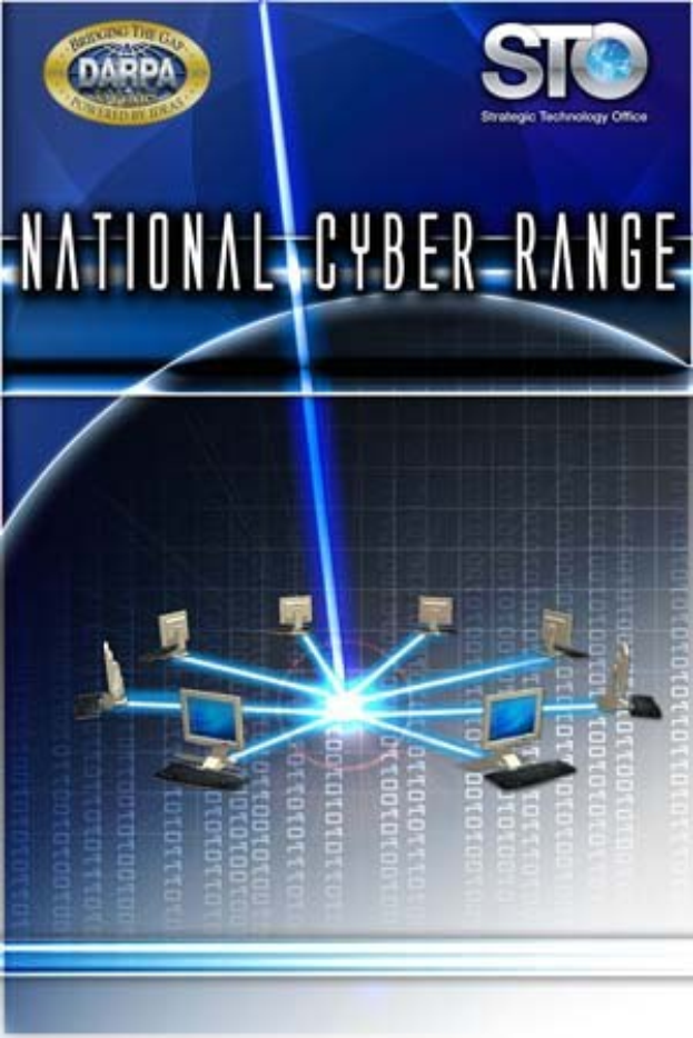 Nationales Cyber-Range-Plakat mit fetter weißer Schrift auf blauem Hintergrund und einer Weltkugel, die mit mehreren Computern verbunden ist.