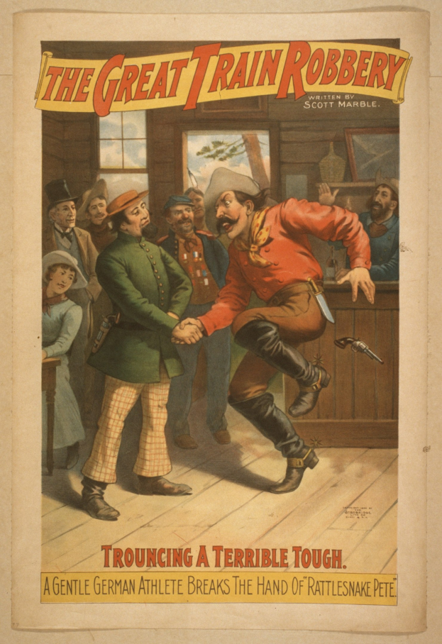 Plakat für "Die große Zugraub" mit einer Gruppe von Menschen, von denen einer eine Waffe hält, einem Fenster, einer Wand und Text oben und unten.