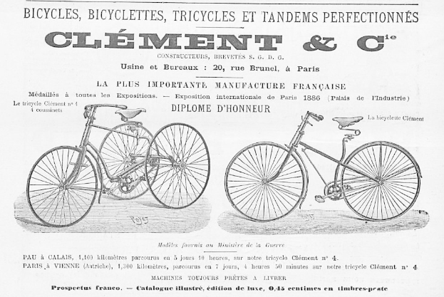 Anzeige mit zwei Fahrrädern und beschreibendem Text auf Papier.