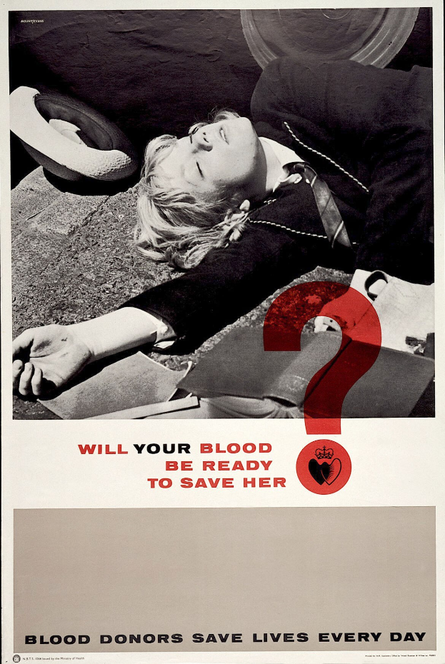 Ein Plakat mit einer Person auf dem Boden umgeben von Gegenständen, mit der Aufschrift "Wird dein Blut bereit sein, sie zu retten?" zur Förderung von Blutspenden.