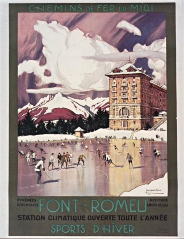 Plakat, das einen Skiort in den französischen Alpen bewirbt, zeigt Menschen, die vor einem Gebäude mit Bäumen und Bergen im Hintergrund Eislaufen