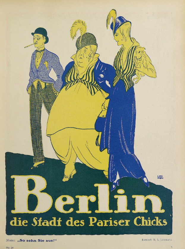 Plakat für ein Konzert in Berlin, Deutschland, mit einer Gruppe farbenfroher Menschen vor einem Gebäude und der Aufschrift "Berlin - Die Stadt des Pariser Chicks" öberall.