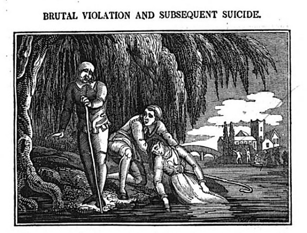 Schwarzes und weißes Bild eines Mannes, der über einer Frau steht, die auf dem Boden liegt und einen Stock hält, mit Bäumen, Gebäuden und bewölktem Himmel im Hintergrund und Text, der "brutale Vergewaltigung und anschließender Suizid" oben und unten lautet.