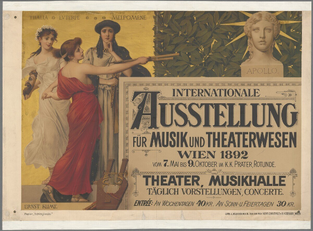 Plakat für die Internationale Ausstellung für Musik und Theaterwesen in Wien, Österreich, das eine Gruppe von Menschen in einem Kreis mit einer Frau zeigt, die ein Musikinstrument hält, und Text, der Veranstaltungdetails bereitstellt.