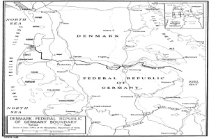 Schwarzes und weißes Plakat mit einer detaillierten Karte der Bundesrepublik Deutschland mit Text über ihre Geographie und Geschichte.