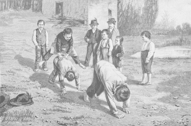 Schwarz-weißes Bild von Kindern auf einem Feld, mit zwei kämpfenden Jungen in der Mitte und anderen Zuschauern; ein Hut und Text sind links zu sehen.