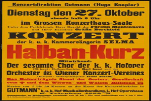 Ein gelbes Plakat, das ein Konzert in Berlin, Deutschland, ankündigt, mit dem Text "Konzert Halban-Kurz".