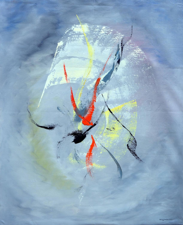 Abstrakte Malerei mit Acryl auf Leinwand mit roten und gelben Akzenten auf einem blauen Hintergrund, dominiert von Grautönen.