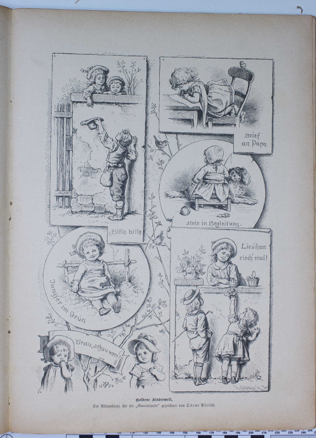 Offenes Buch auf einer flachen Oberfläche, das eine farbenfrohe Illustration von verschiedenen Kindern zeigt, die glücklich in einem grünen, üppigen Garten mit Bäumen und Sträuchern spielen.