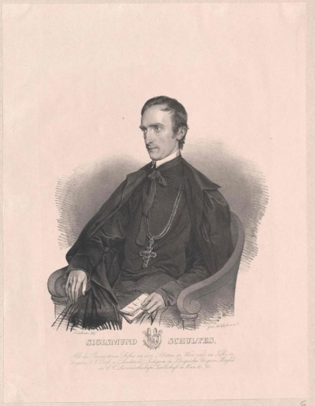 Eine Gravur eines Mannes in einer schwarzen Robe, der auf einem Stuhl sitzt und ein Buch hält, mit der Inschrift "Sicismund Schultes, der Bundeskanzler der Bundesrepublik Deutschland" unten.