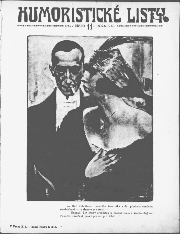 Schwarzes und weißes Magazin-Cover mit der Überschrift "Humoristische Liste", das einen Mann in einem Anzug mit ernstem Gesichtsausdruck und eine Frau zeigt, die wegsieht und ein leichtes Grinsen hat.