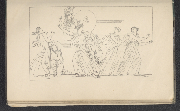 Ein Buchumschlag mit einer leuchtenden Illustration einer Gruppe von Frauen, die in harmonischen, synchronisierten Posen tanzen, mit detaillierten Kleidungsstücken und Gesichtern.