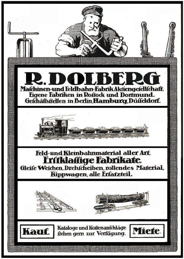 Werbeplakat für die Fabrik von R.D. Dolberg in Hamburg, Deutschland, mit Text und Bildern einer Person, eines Zugs und anderer Gegenstände.