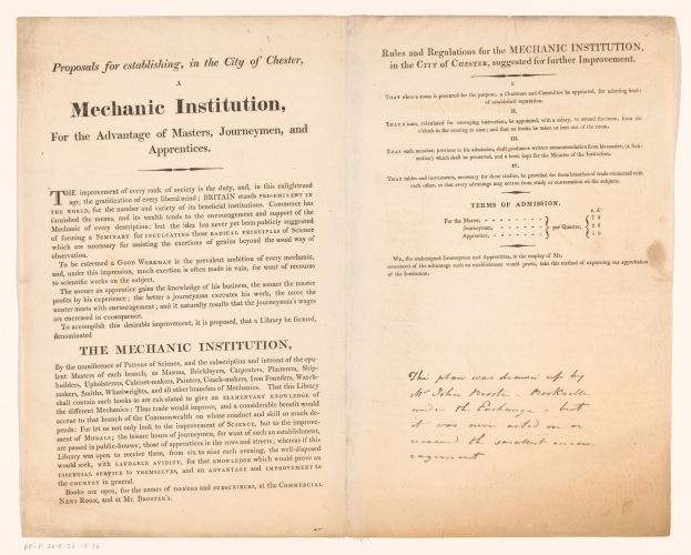 Titelblatt eines aufgeschlagenen Buches mit der Aufschrift "Mechanic Institution, for the Advantage of Masters, Journeymen, and Apprenticeships", wahrscheinlich ein Vorschlag für die Gründung einer solchen Institution.
