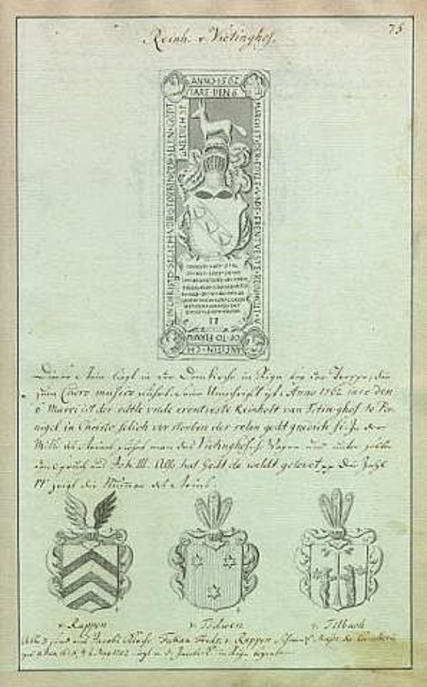 Ein altes Buch mit einer Zeichnung des Familienwappens einer 17. Jahrhundert deutschen Familie, mit Text und Bildern zur Familiengeschichte und -kultur.