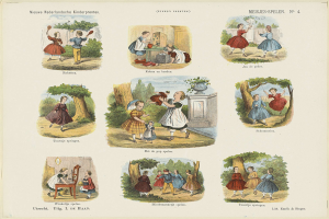 Ein Kinderbuch mit Fotos von Kindern, die in einem Park spielen, umgeben von Bäumen und Gegenständen, mit begleitendem Text.