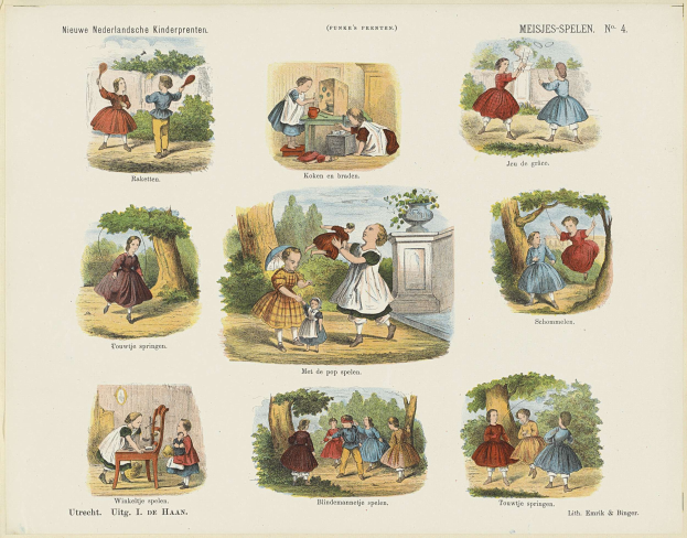 Ein Kinderbuch mit Fotos von Kindern, die in einem Park spielen, umgeben von Bäumen und Gegenständen, mit begleitendem Text.