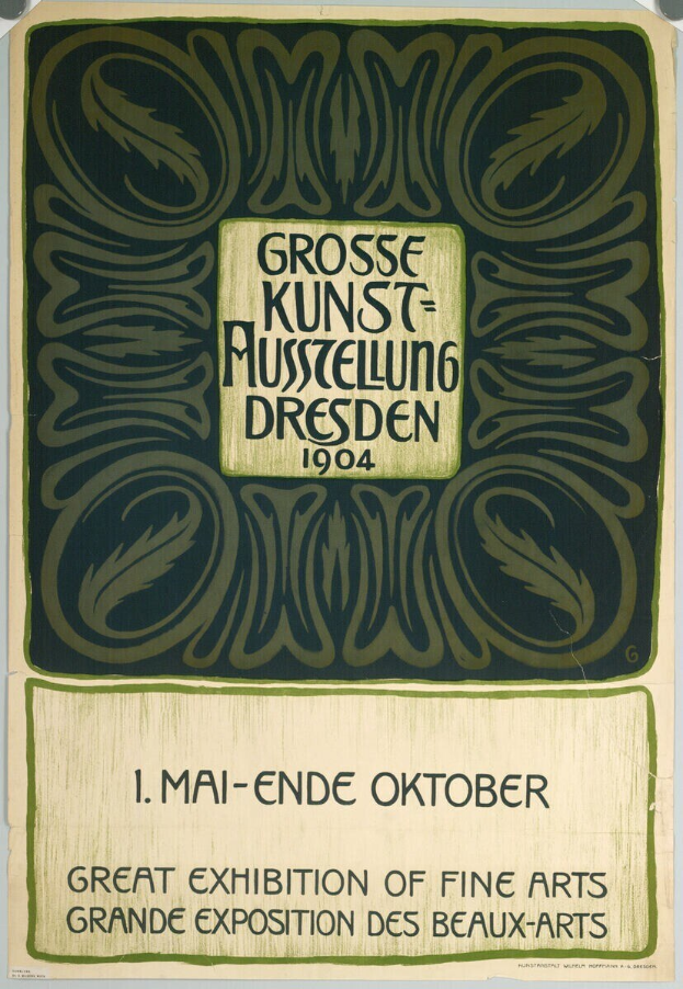 Plakat für die Große Kunstausstellung an der Grand Exposition des Beaux-Arts in Dresden, Deutschland im Jahr 1904, mit auffälligem Text, der die Ausstellung ankündigt.