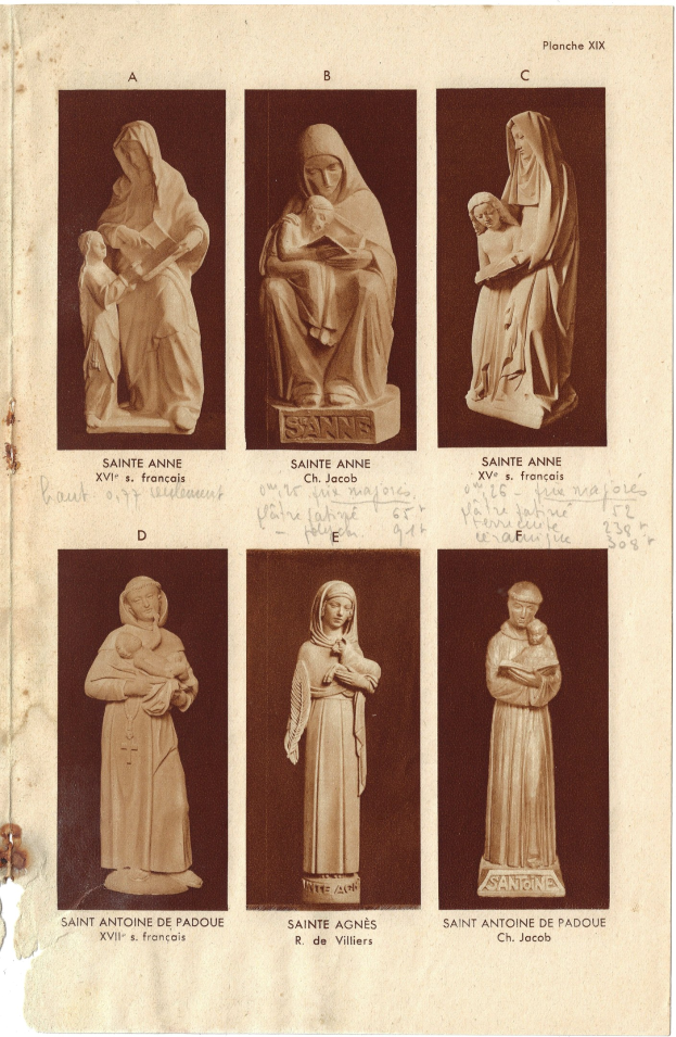 Collage von Statuen von Frauen mit menschlichen Gesichtern, jede begleitet von Text, von einer Buchseite.