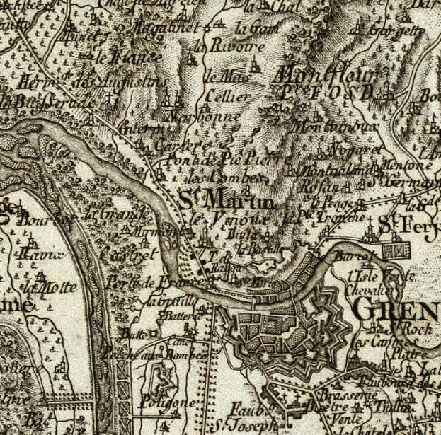 Detailiertes altes Stadtplan von St. Martin mit Straßen, Gebäuden und Sehenswürdigkeiten mit nummerierten Texten.