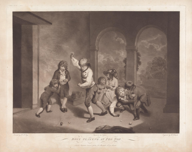 Kinder spielen ein Spiel mit Stecknadeln in einer Outdoor-Umgebung mit Bäumen, Säulen und einem bewölkten Himmel.