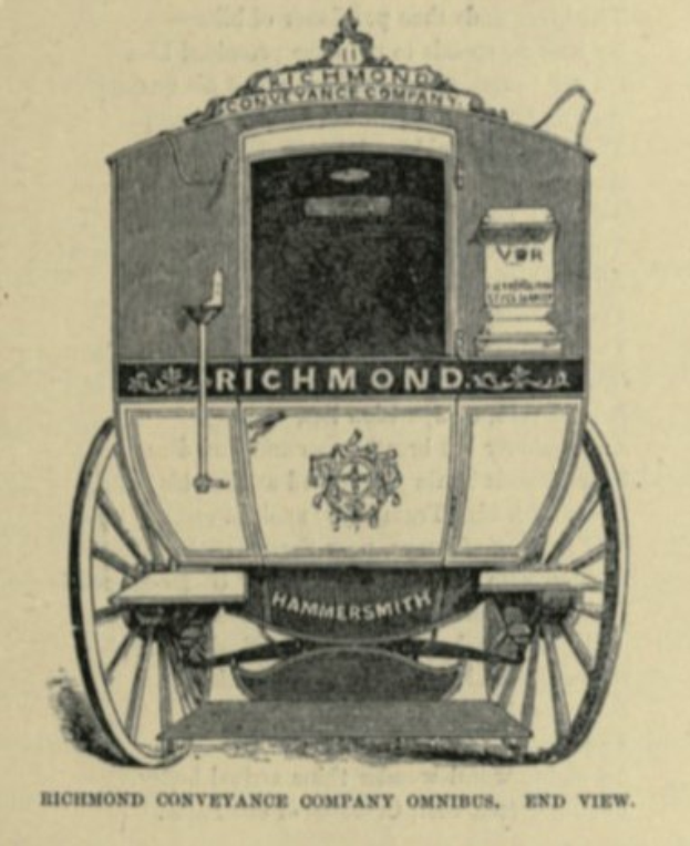 Schwarz-weiß-Zeichnung eines von einem Pferd gezogenen Fuhrwerks mit der Aufschrift "Richmond Conveyance Company Omnibus" und vier Rädern, das zum Transport von Waren verwendet wird.
