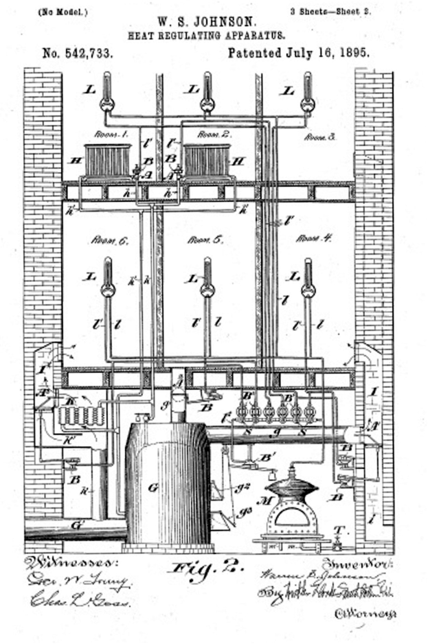 Ein detailliertes technisches Konstruktionsbild aus dem Jahr 1885 einer Heizregelanlage mit zahlreichen Rohren und Ventilen, begleitet von erklärendem Text.