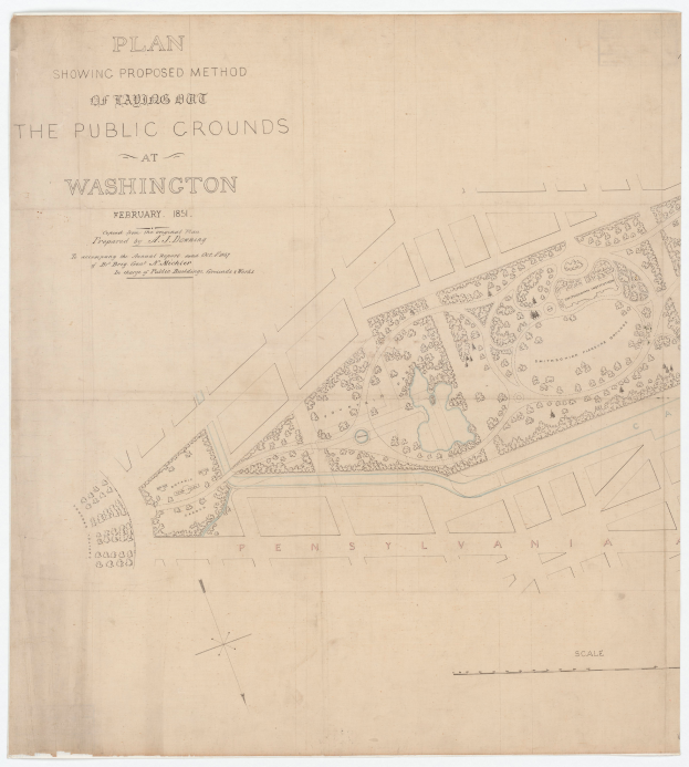 Ein detaillierter Plan der öffentlichen Flächen in Washington, der verschiedene Bereiche und Pfade zeigt, mit darauf geschriebenem Text.