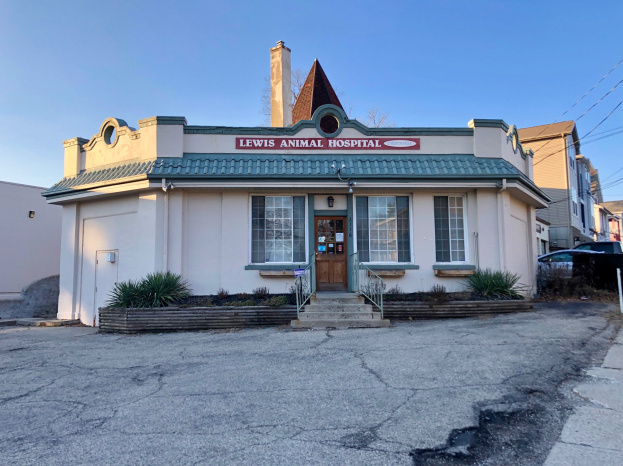 Exterior view of Lewis Animal Hospital in San Francisco, featuring a building with windows and a door, surrounded by plants and steps with railings, a signboard on a pole, parked vehicles, visible sky, and overhead wires.