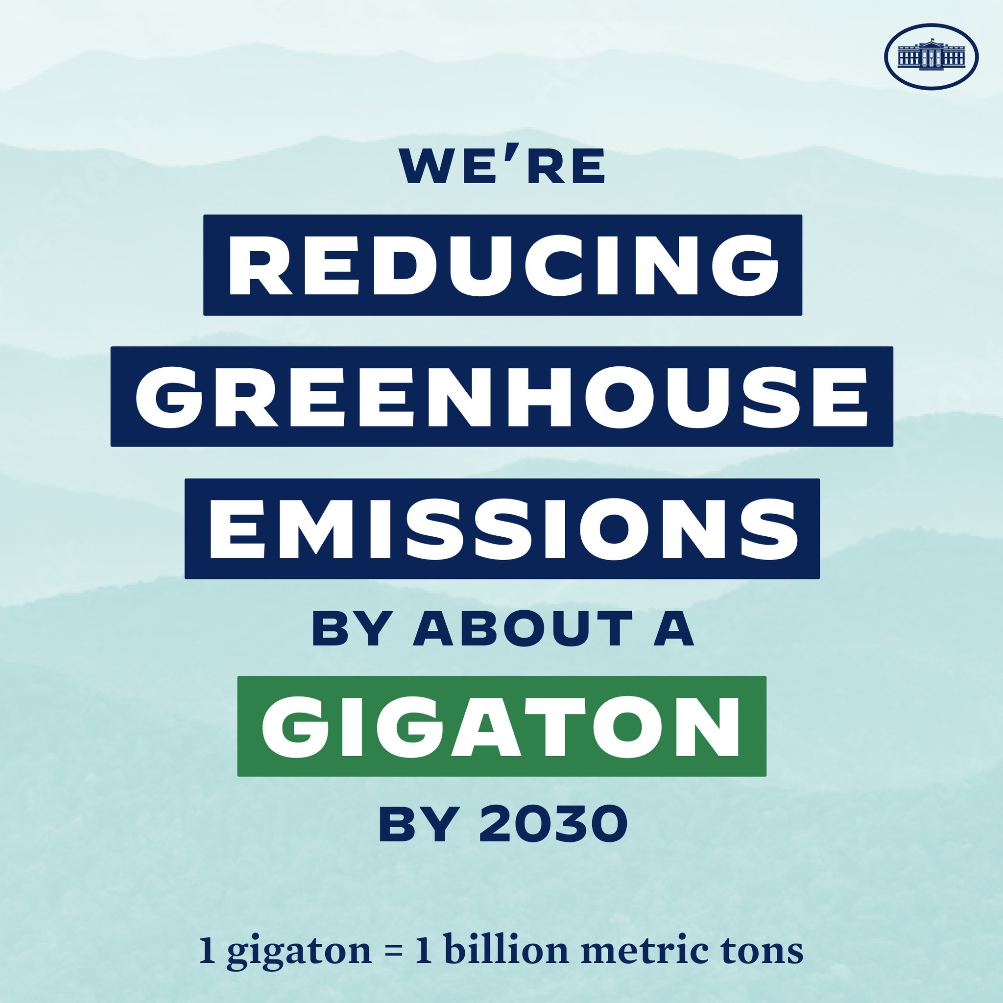 Plakat mit Text und Logo, auf dem steht: "Wir reduzieren die Treibhausgasemissionen um etwa eine Gigatonne bis 2030", das für eine signifikante Reduzierung der Treibhausgase bis 2030 wirbt.