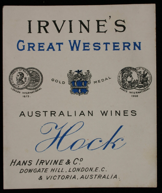 Plakatwerbung für Irvine's Great Western Australian Wines, das Firmentext und -logos zeigt.