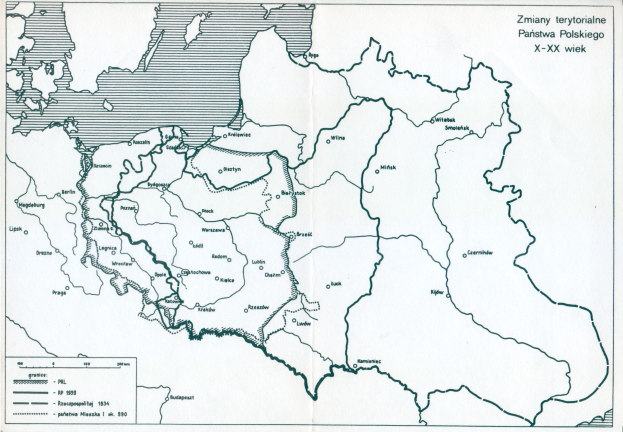 Ein Plakat mit einer detaillierten Karte Polens und dem Ausmaß des Polnischen Reiches, versehen mit Text und numerischen Daten.