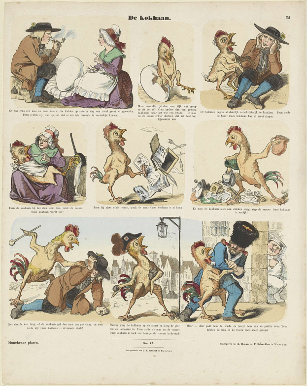 Cartoon-Illustration eines Mannes in Hut und Mantel und einer Frau in Schürze, die mit Hühner spielen, umgeben von bunten Tierillustrationen auf einer Buchseite.