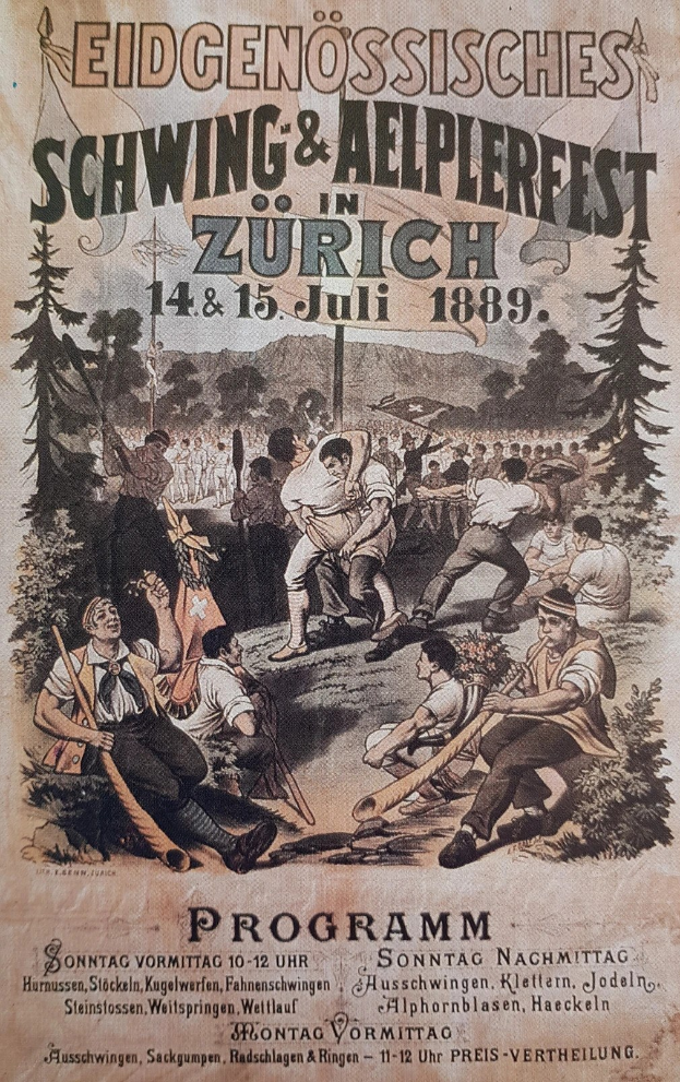 Altes Plakat für ein Festival in Zürich, Schweiz, mit einer Gruppe von Menschen, die Stöcke halten und Bäume im Hintergrund, sowie Text über das Ereignis.