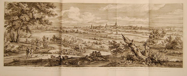 Offenes Buch mit der Aufschrift 'Ansicht der Schlacht von Castellum und Castellium aus der Illustrated London News', das eine Landschaft mit einer Gruppe von Menschen, Bäumen, Pflanzen, Gebäuden und Wolken zeigt.