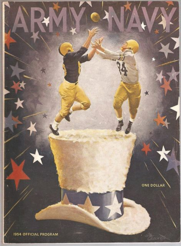 Poster von zwei Footballspielern in gelben Uniformen und Helmen, die einen Ball fangen, mit dem Text "1954 Army Navy Football Program" oben auf einem sternenklaren Hintergrund.