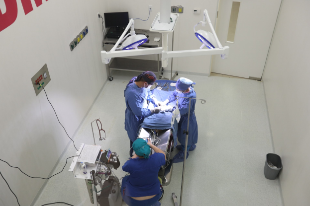 Eine Gruppe von Chirurgen führt einen chirurgischen Eingriff in einem Operationssaal durch, wobei eine Person auf einem Operationstisch liegt und von medizinischen Geräten umgeben ist, eine beschriftete Wand auf der linken Seite, ein Objekt auf dem Boden auf der rechten Seite und verschiedene medizinische Geräte im Hintergrund.